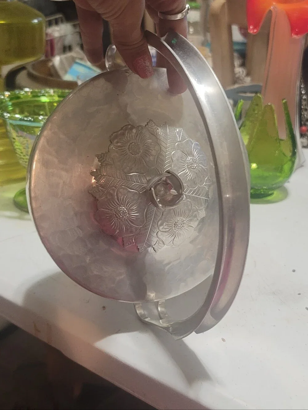 Vintage Wild Rose F1003 Hammered Aluminum Candy Dish w/ Bale Handle/ Bridal